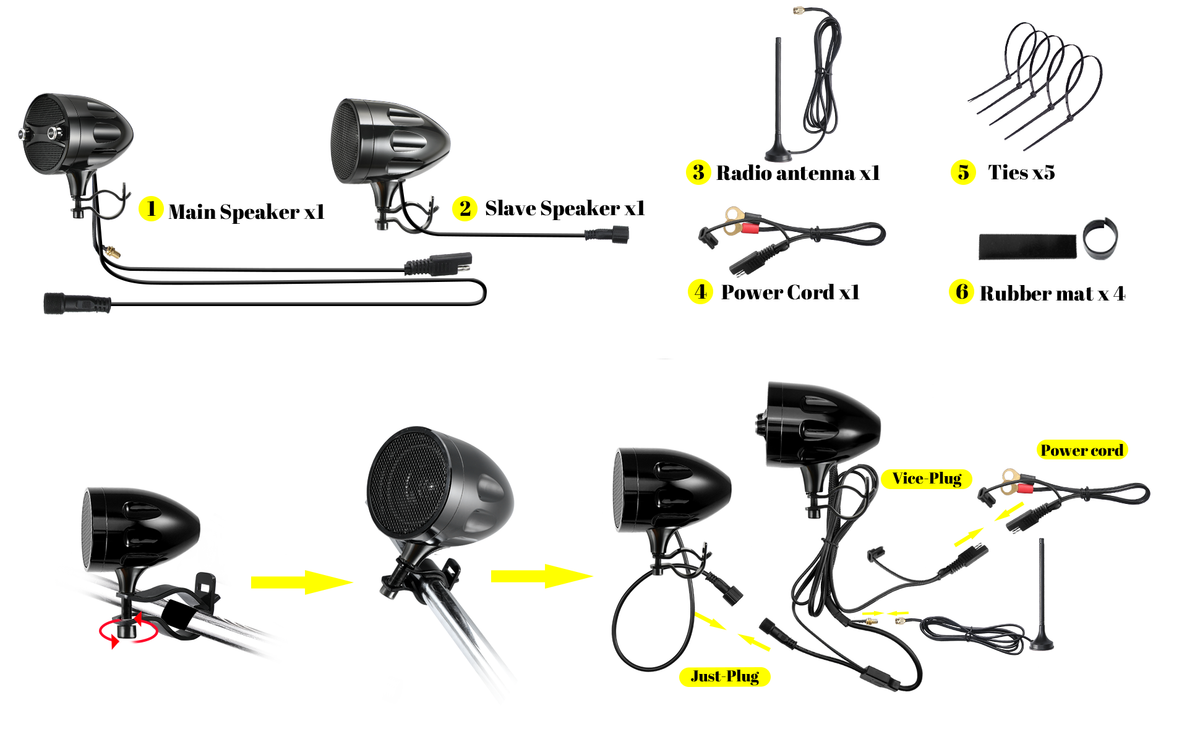 KSPEAKER S7BL package includes main speaker, slave speaker, radio antenna, power cord, ties, and rubber mats