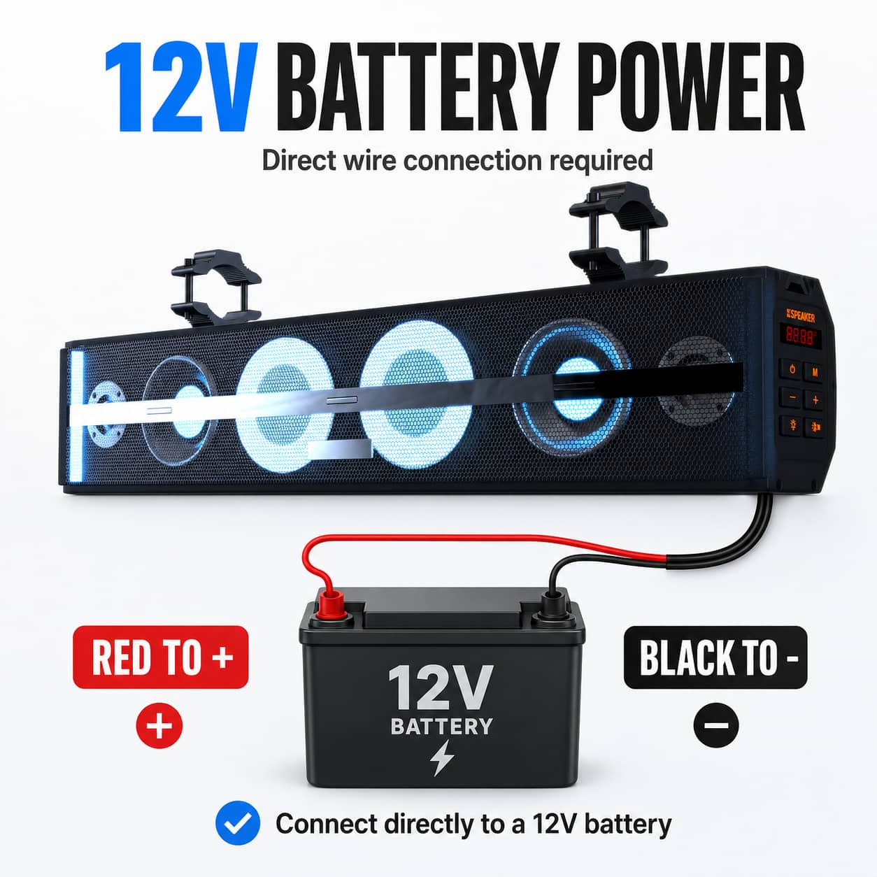 KSPEAKER K100 12V battery powered soundbar with red positive and black negative wire connection