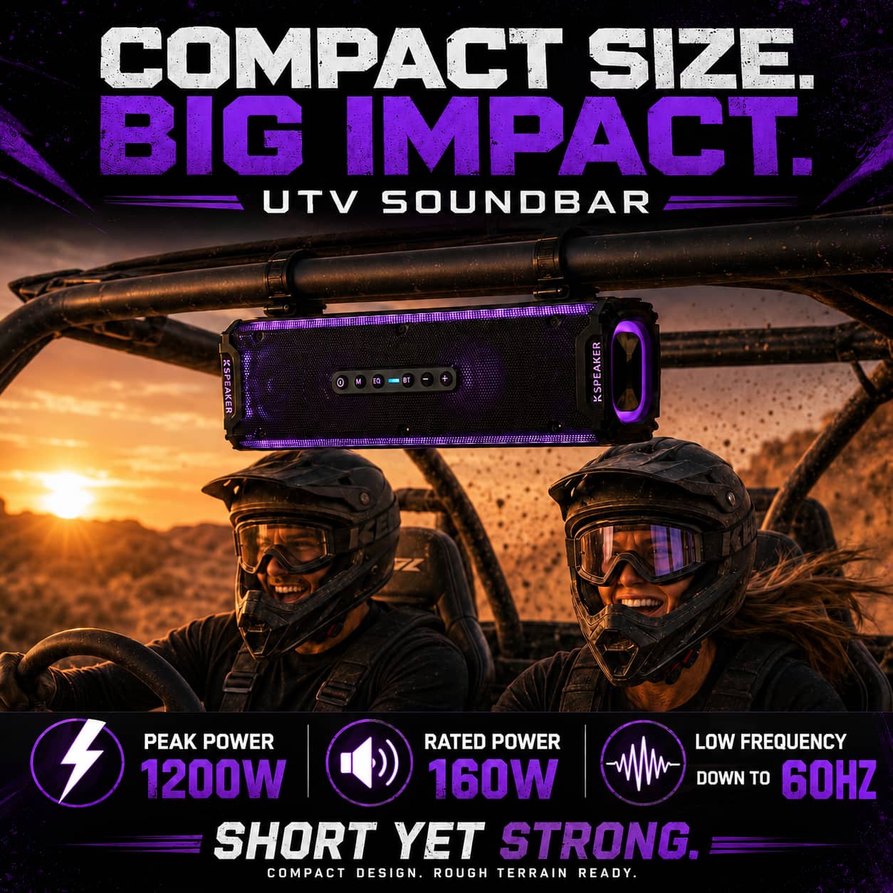 A compact waterproof UTV soundbar displaying purple lights on an off-road side-by-side vehicle. Highlighting the space-saving small size that delivers a powerful audio performance on rough terrain.