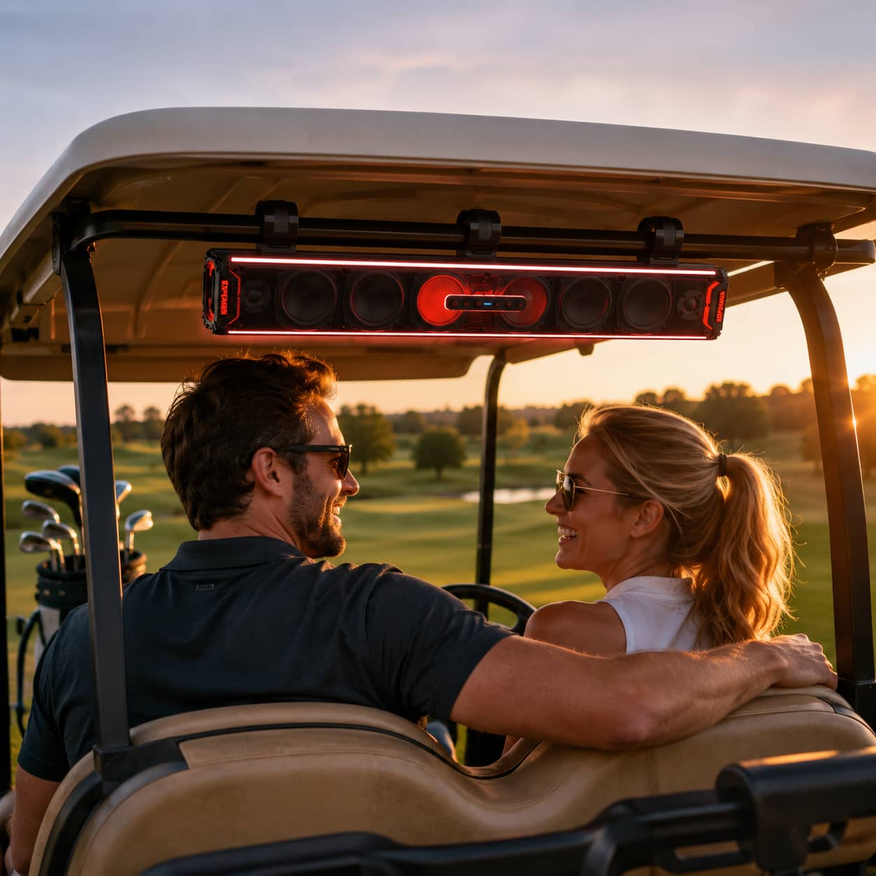Premium waterproof soundbar glowing with red LED lights mounted on a golf cart roof frame during a sunset cruise. Highlighting the versatile cross-vehicle audio upgrade perfect for neighborhood and green riding.