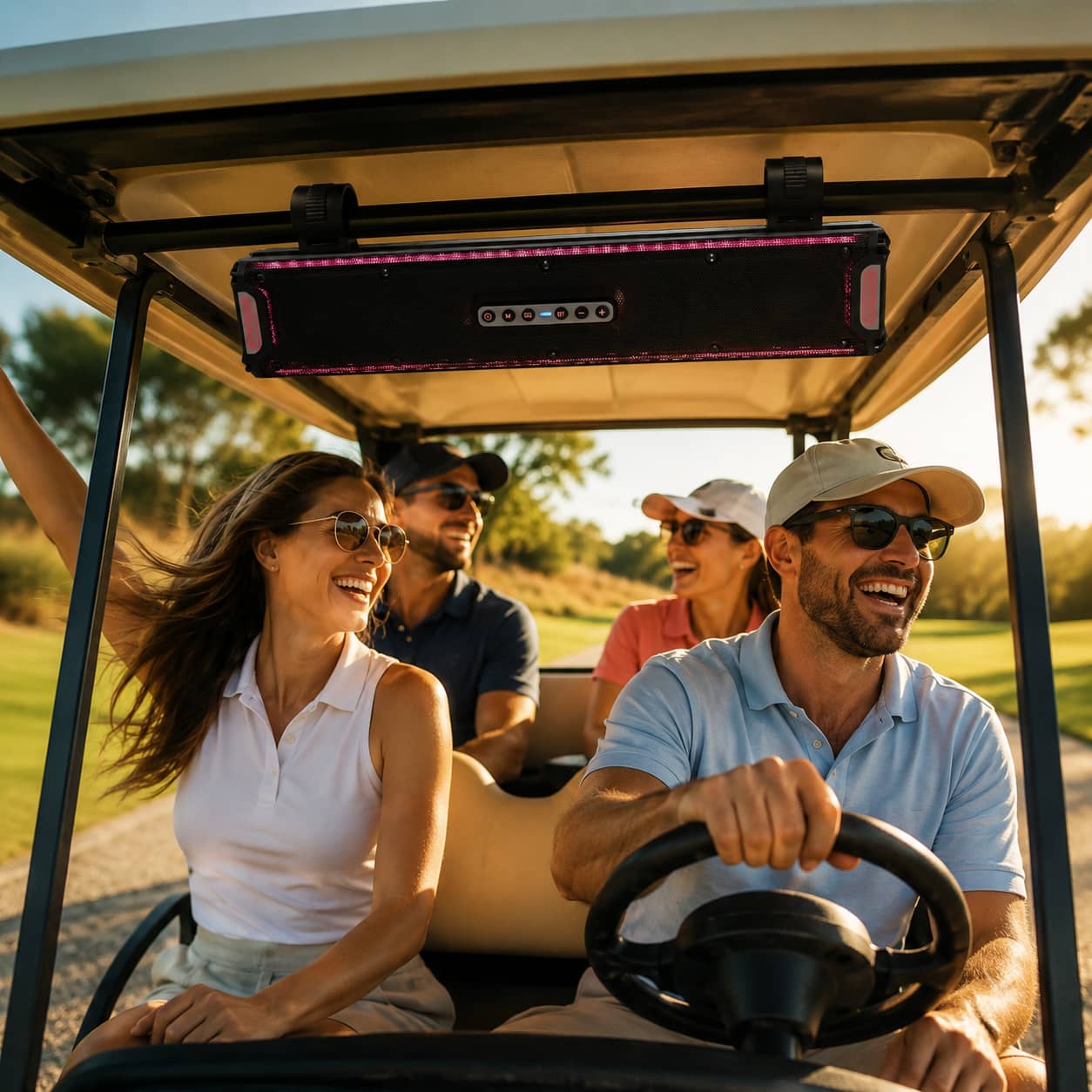 Marketing photo of friends laughing in a golf cart with a waterproof soundbar glowing with purple lights mounted on the overhead roll frame. Highlighting the social lifestyle audio upgrade for premium carts.