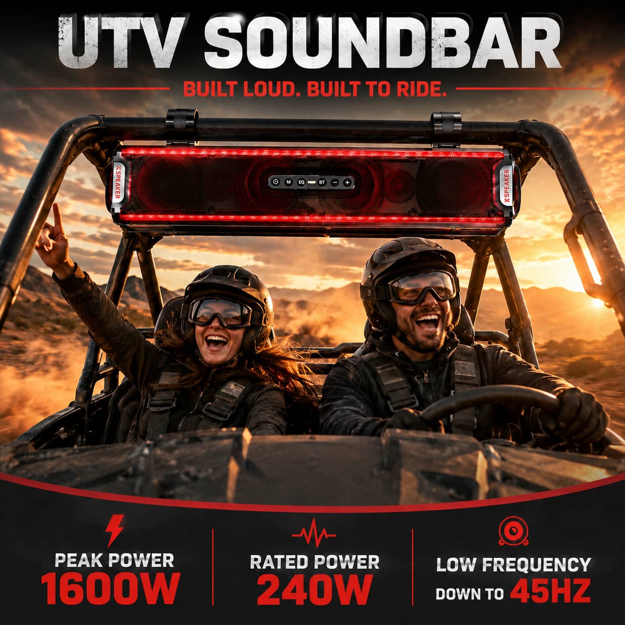 High-performance waterproof UTV soundbar mounted on an off-road side-by-side vehicle during a desert ride. Highlighting the extreme volume output and deep low frequency engineered to blast past engine roar.