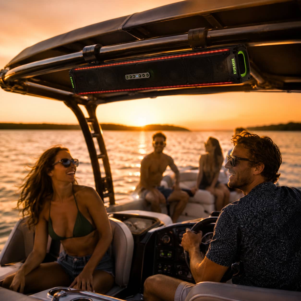 A rugged marine-grade waterproof soundbar securely mounted on a boat railing. Showing the durable, weather-resistant audio system built to withstand saltwater and harsh ocean environments for marine adventures.