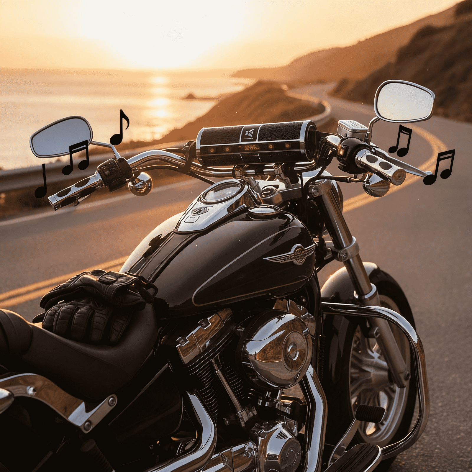KSPEAKER premium Bluetooth handlebar speaker mounted on a classic cruiser motorcycle, playing music on a coastal highway at sunset.