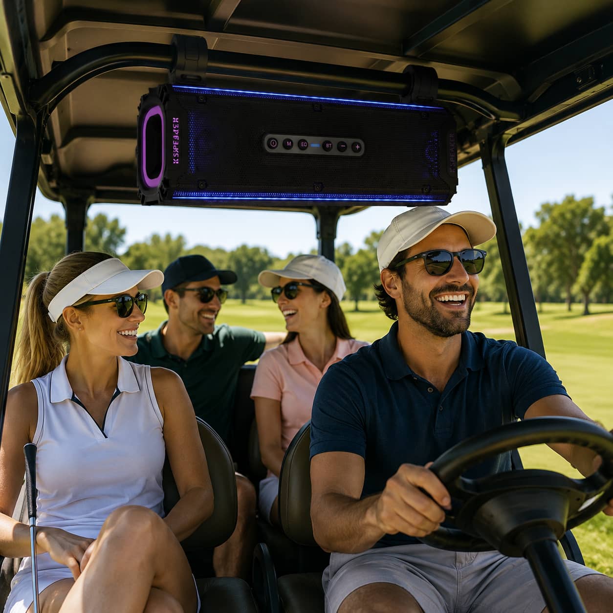 Marketing photo of friends enjoying a sunny golf course ride in a cart equipped with an overhead mounted waterproof soundbar glowing with blue lights. Highlighting the premium audio upgrade for leisure golf carts.