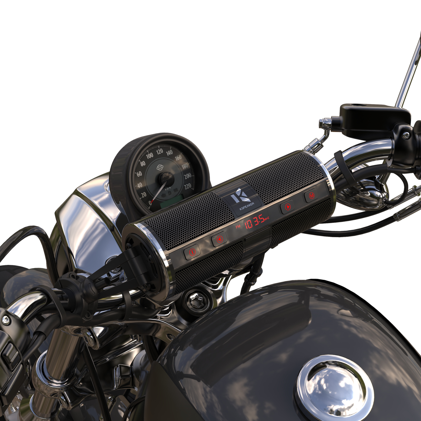 KSPEAKER K2 motorcycle handlebar speaker installed on a cruiser motorcycle