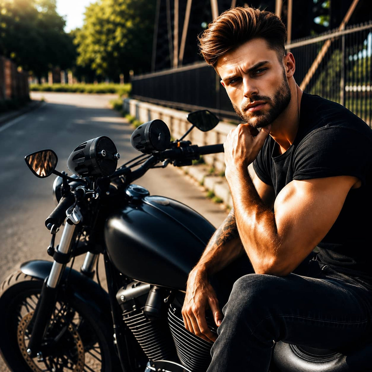 A confident, stylish rider sits on a custom matte black cruiser motorcycle parked on a sunlit street. The bike is equipped with sleek, black handlebar-mounted motorcycle speakers, showcasing a premium motorcycle audio system setup.