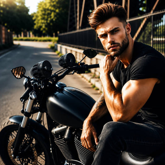 A confident, stylish rider sits on a custom matte black cruiser motorcycle parked on a sunlit street. The bike is equipped with sleek, black handlebar-mounted motorcycle speakers, showcasing a premium motorcycle audio system setup.