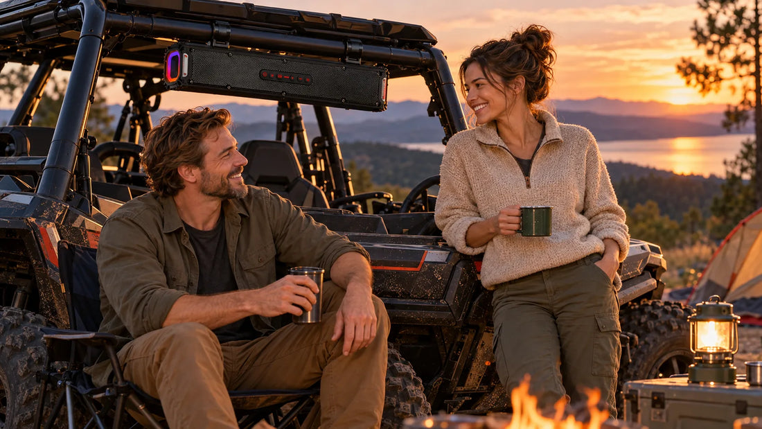 Conceptual lifestyle image of friends at a UTV campsite beside a soundbar mounted beneath the roll-cage crossbar.