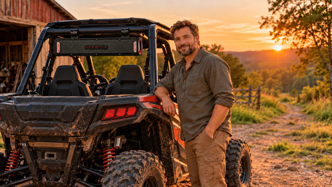 Conceptual UTV lifestyle scene with a roll-cage-mounted soundbar and rider; not a customer photo or verified K66 Ultra installation.