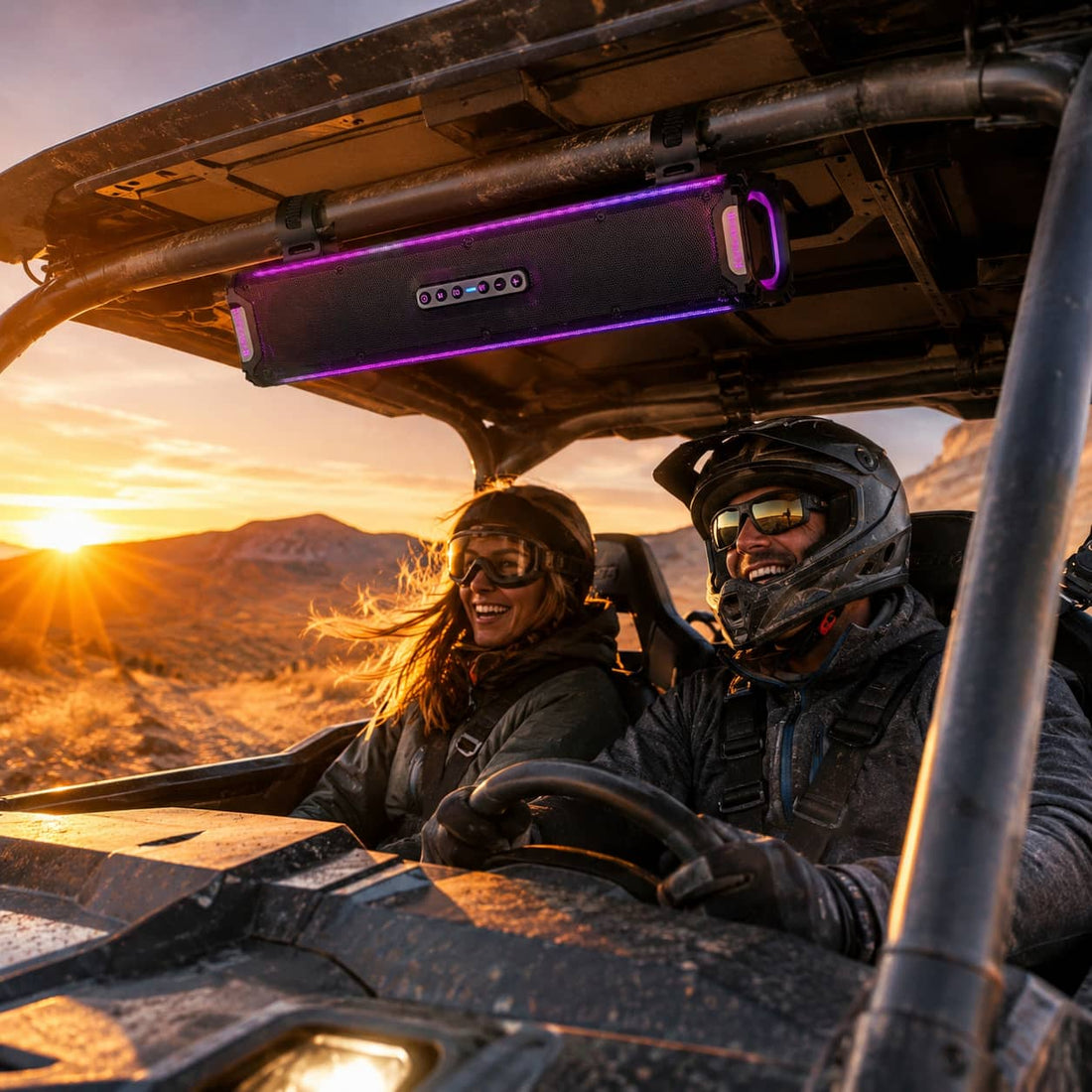 Marketing banner showing a 25-inch waterproof UTV soundbar with clear size dimensions. Highlighting the perfect fit design for off-road side-by-side vehicle roll cages conquering muddy trails.