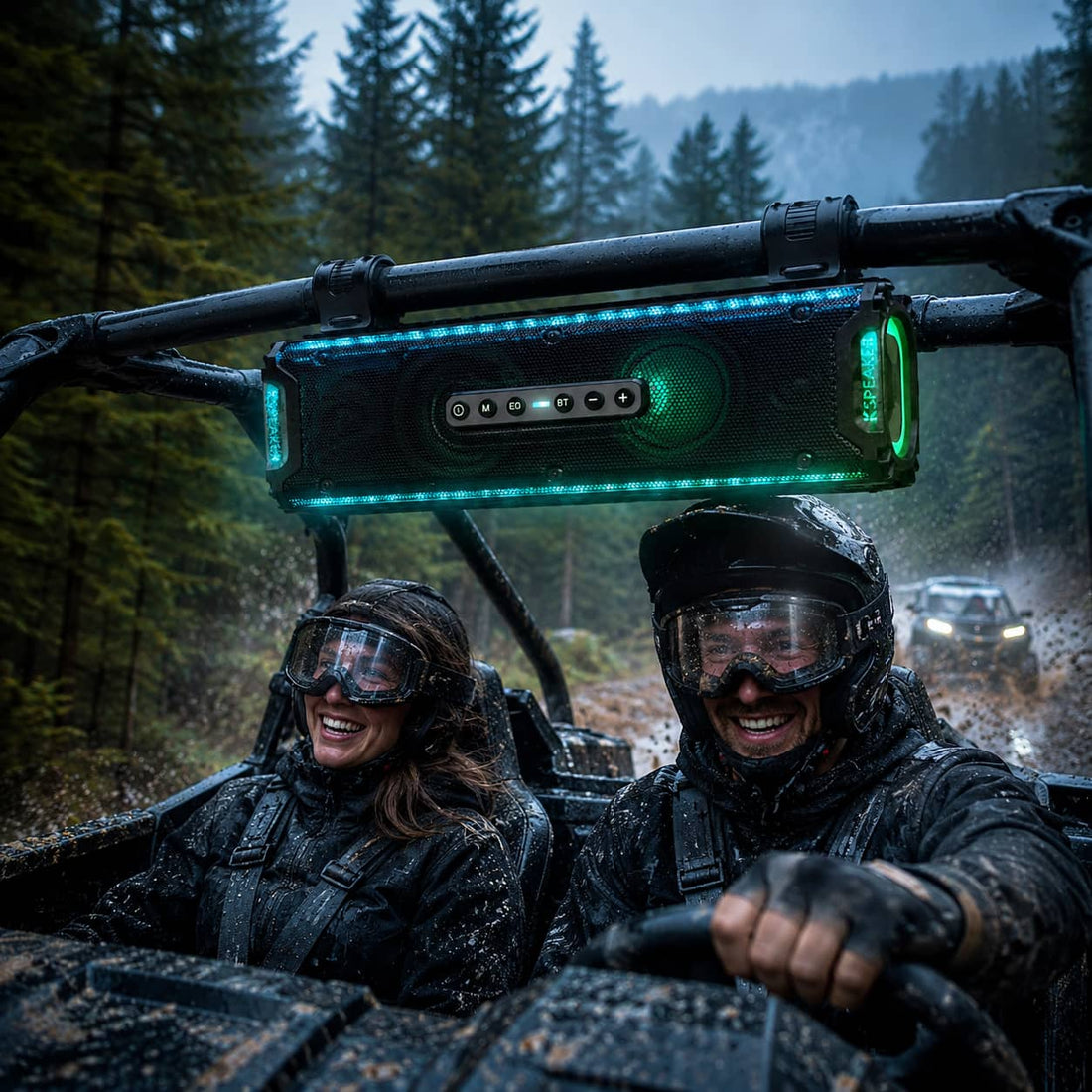 A rugged waterproof UTV soundbar blasting music during a heavy rainstorm on a muddy forest trail. Showing the durable, weather-resistant off-road audio system built to withstand mud and extreme weather.