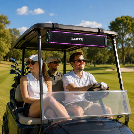 KSPEAKER waterproof Bluetooth soundbar mounted on the roll cage of a modern golf cart on a green course. Showing the integrated mounting clamps and stylish design suitable for golf cart audio upgrades.