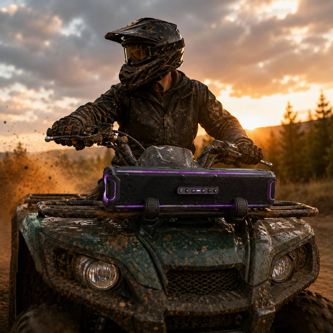 A rugged waterproof soundbar securely mounted on the front rack of an ATV during a muddy trail ride at sunset. Showing the durable all-terrain vehicle audio system built for off-road adventures.
