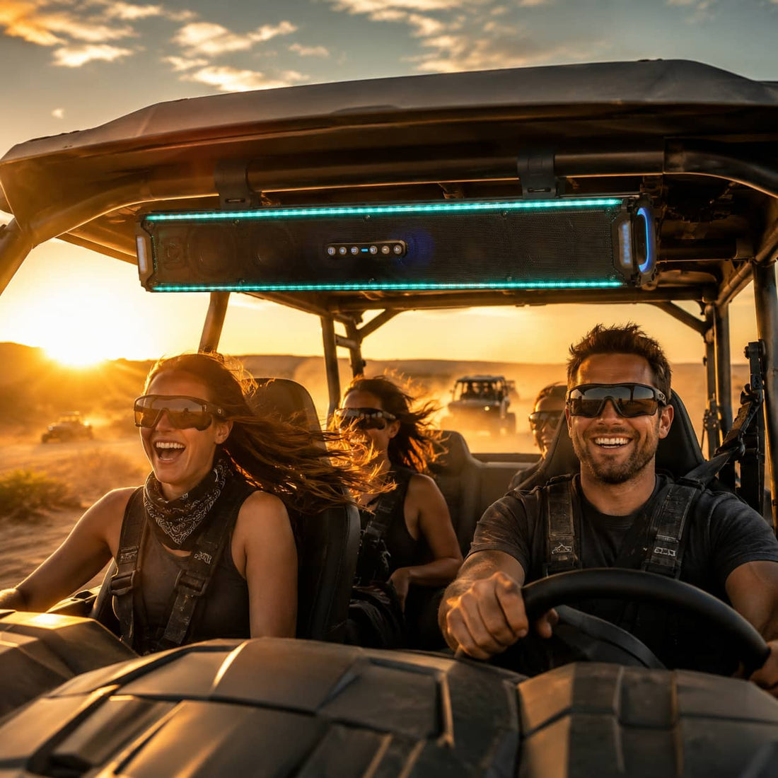 Marketing diagram highlighting the 1.75-inch and 2.25-inch audio drivers built into a waterproof UTV soundbar. Showing the internal speaker configuration engineered for clear sound on off-road trails.
