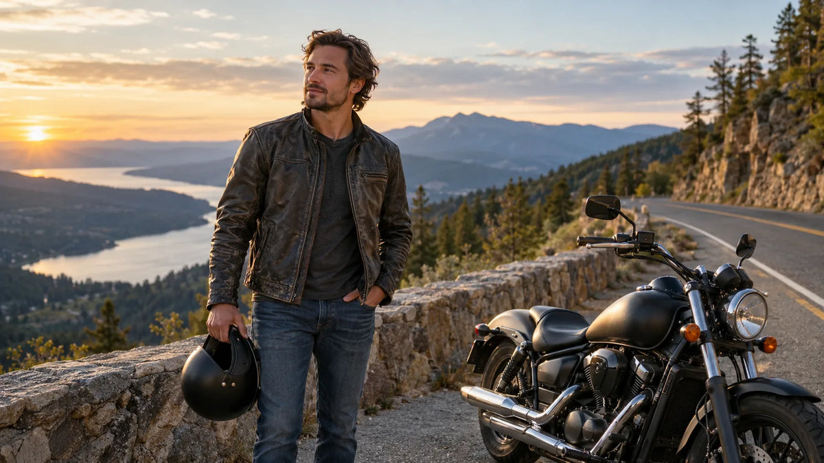 A motorcyclist pausing beside a black cruiser on a mountain road at sunset; lifestyle imagery, not a documented S7 installation.