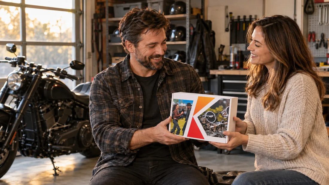 A couple shares a KSPEAKER S7 gift box beside a motorcycle in a garage; conceptual lifestyle image, not a documented customer photo.