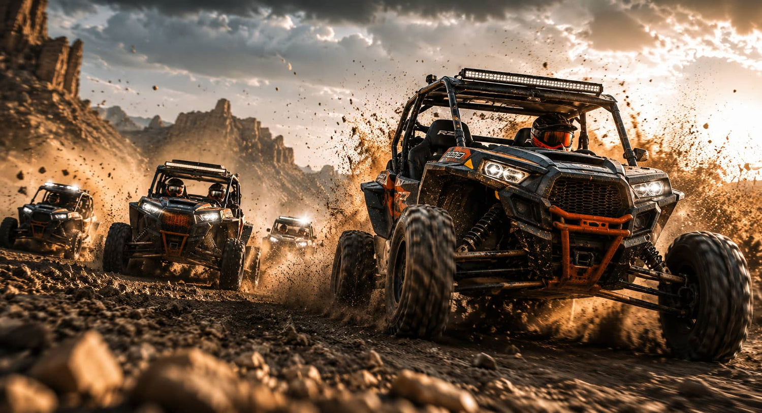 A fleet of Polaris RZR UTVs racing through a rugged desert canyon trail at sunset, kicking up dirt and rocks during an intense off-road side-by-side group ride.