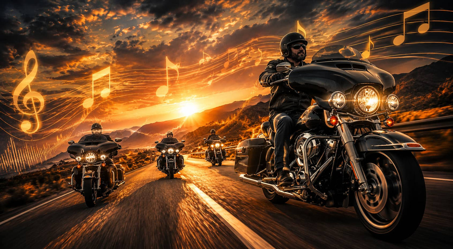 A group of riders driving Harley-style touring cruiser motorcycles on an open highway at sunset. The sky is filled with glowing golden musical notes and staves, representing premium sound on a motorcycle group ride.