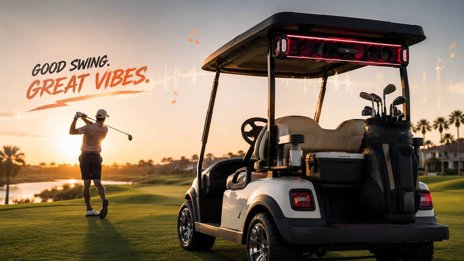 A man golfing at sunset next to a golf cart. A KSPEAKER bluetooth soundbar with red LED lights is mounted on the cart. Text reads: "GOOD SWING. GREAT VIBES."