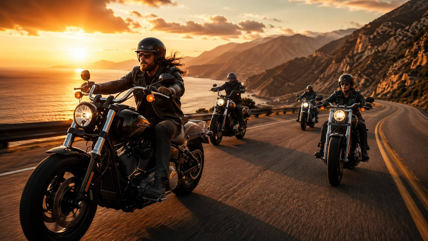 A group of bikers riding cruiser motorcycles at highway speeds along a beautiful coastal road at sunset, illustrating the riding conditions where overcoming wind noise is essential.