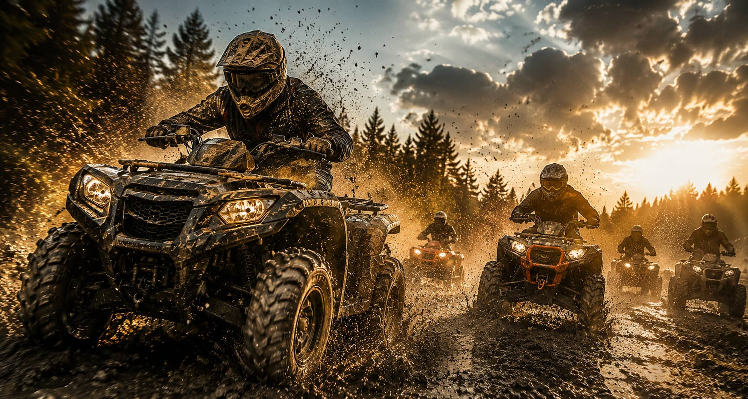 A group of riders in full protective gear driving ATVs through a heavily muddy forest trail at sunset, splashing mud and water during a high-energy quad riding adventure