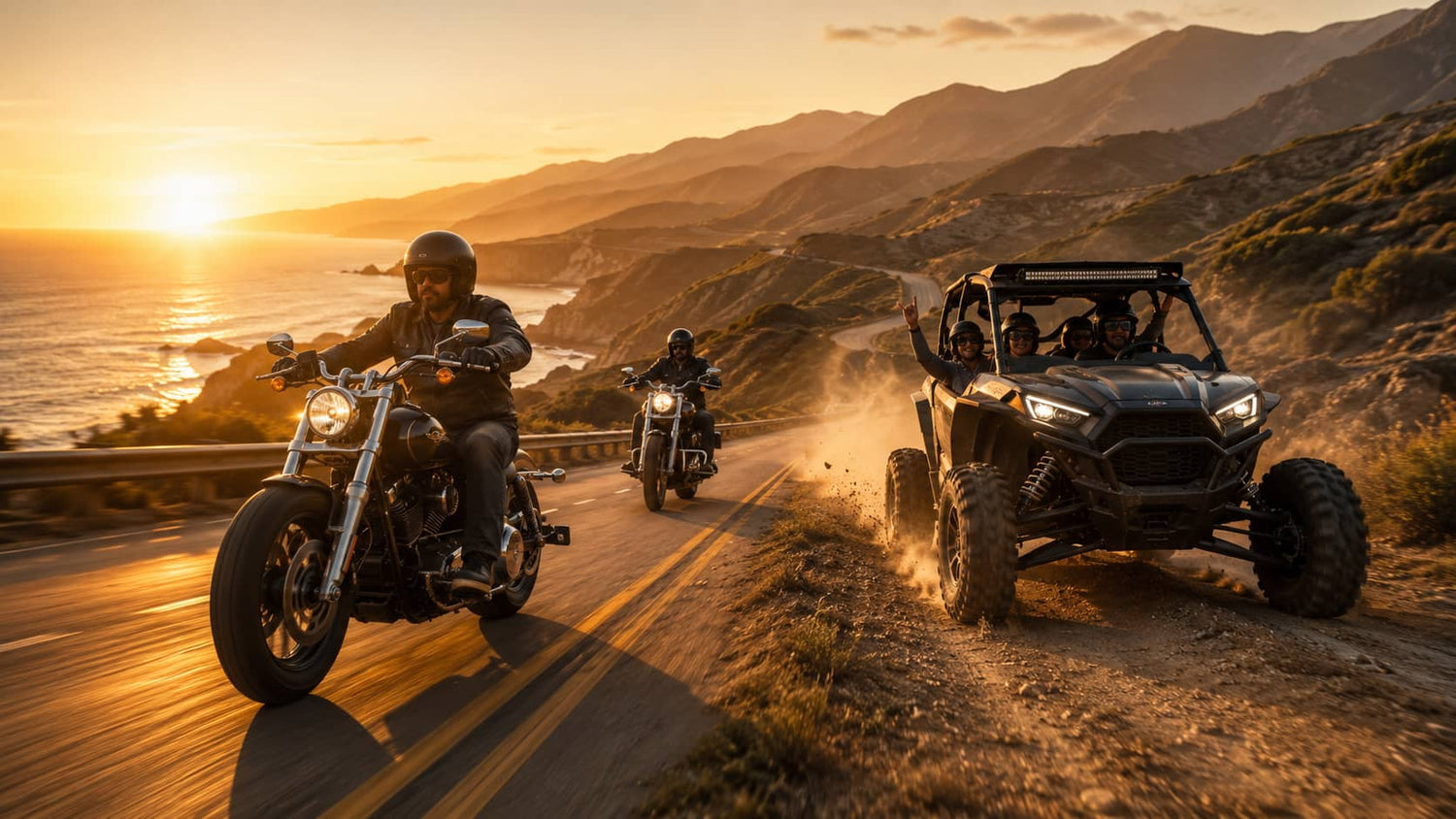 A group enjoying a sunset powersports adventure, featuring cruiser motorcycles on a coastal highway and a side-by-side UTV driving off-road on the dirt shoulder.