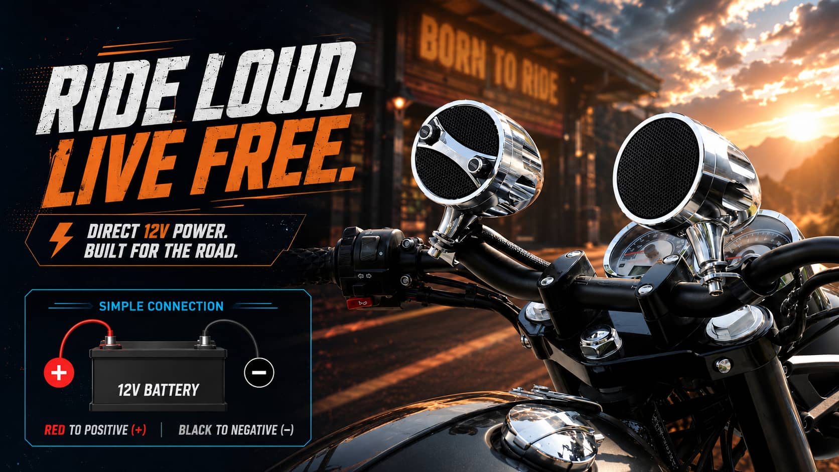 Motorcycle handlebar speakers banner with a 12V battery wiring diagram. Showing the simple direct connection method with red wire to the positive terminal and black wire to the negative terminal for stable power.