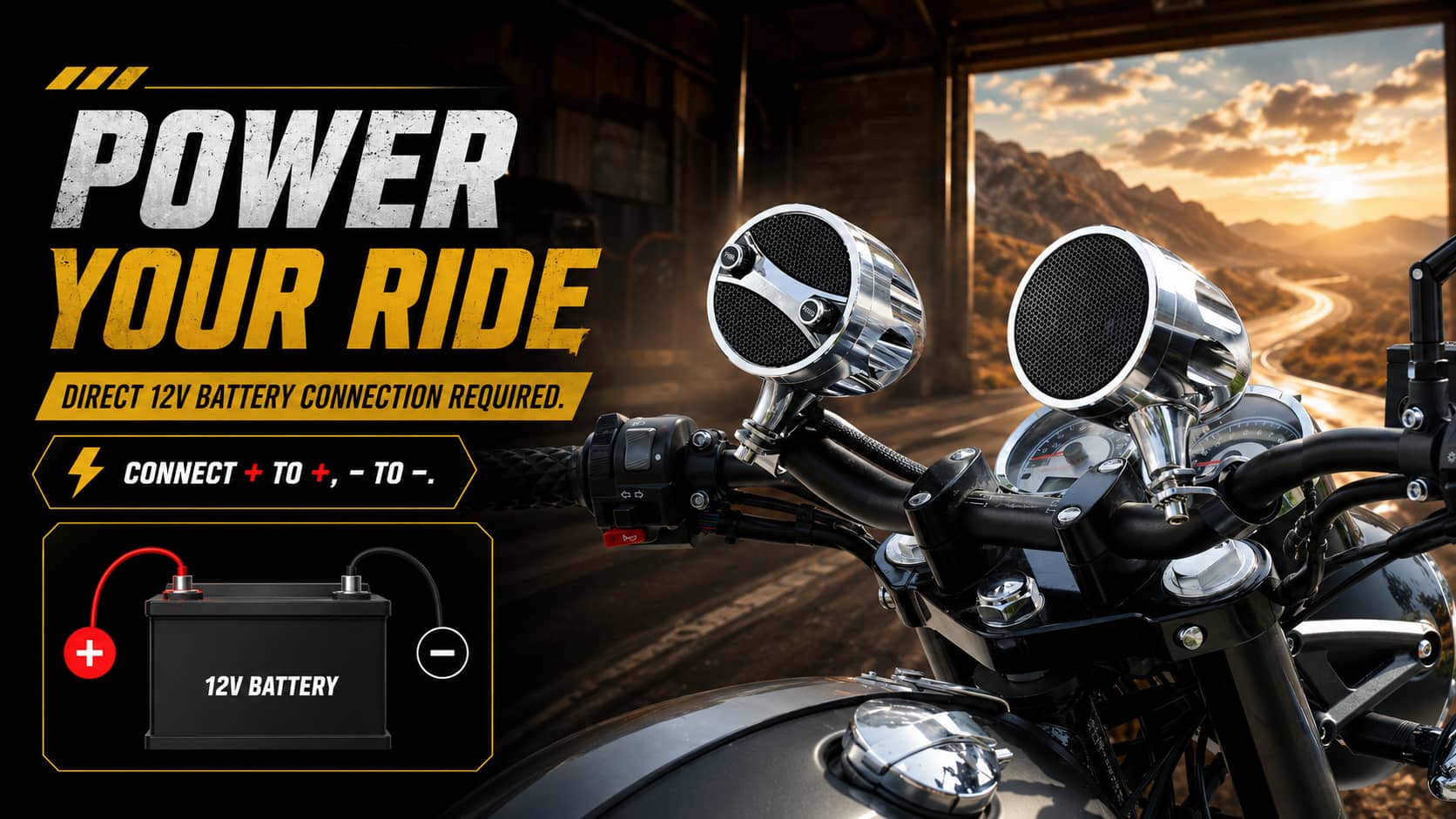 Chrome motorcycle handlebar speakers with an infographic showing a simple, direct 12V battery connection instruction, featuring positive and negative terminal wiring.