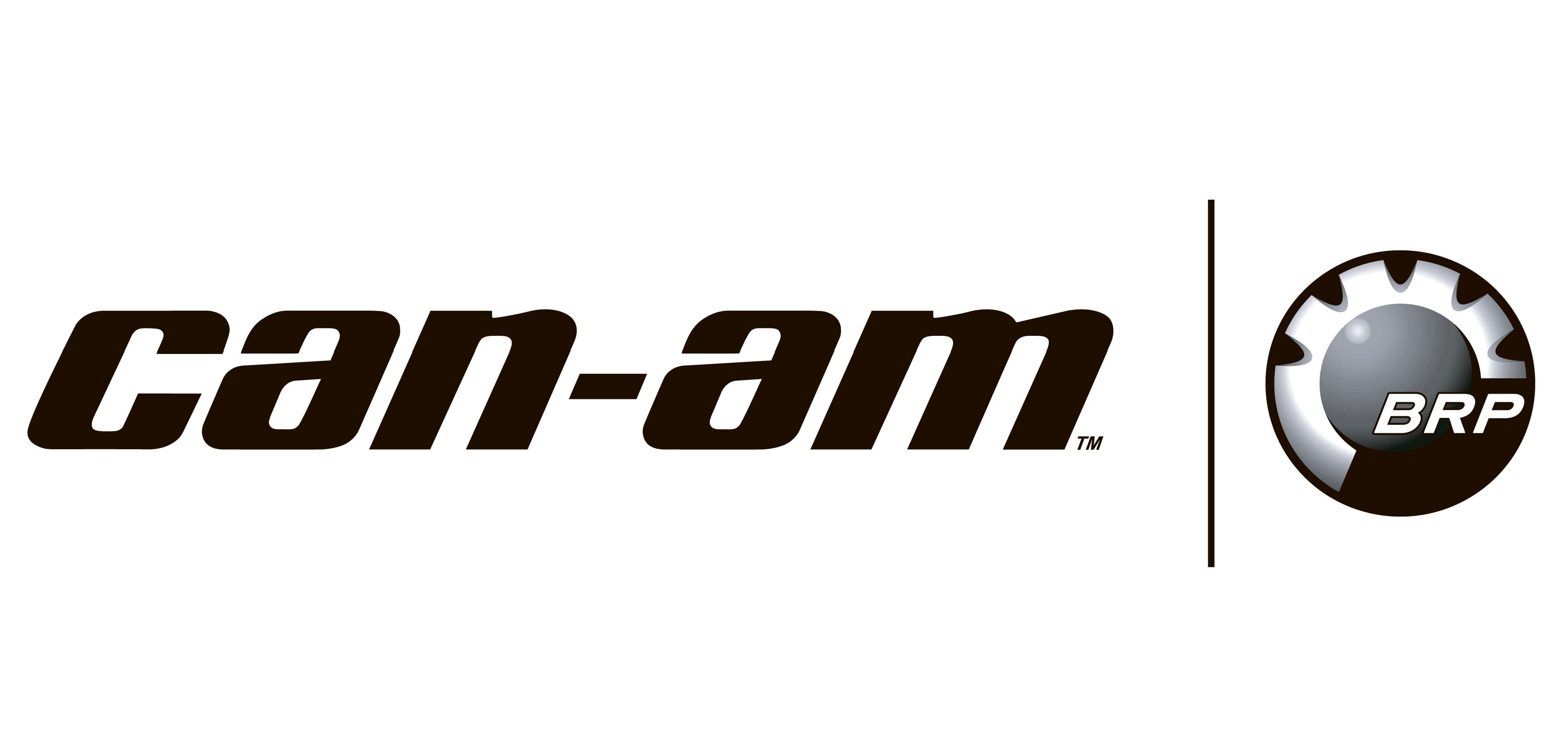 A logo featuring the word "can-am" in bold, italicized, black lowercase letters. To the right, separated by a thin vertical line, is a circular, metallic gear-like emblem containing the white letters "BRP" on a dark background.