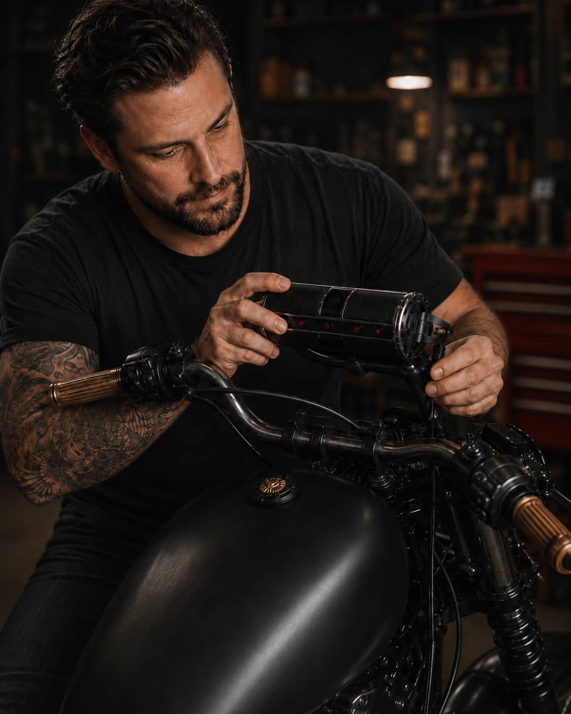 A man easily installing a handlebar bluetooth soundbar on a motorcycle in a workshop. Highlighting the simple DIY installation of the weatherproof motorcycle audio system powered by JBL technology.