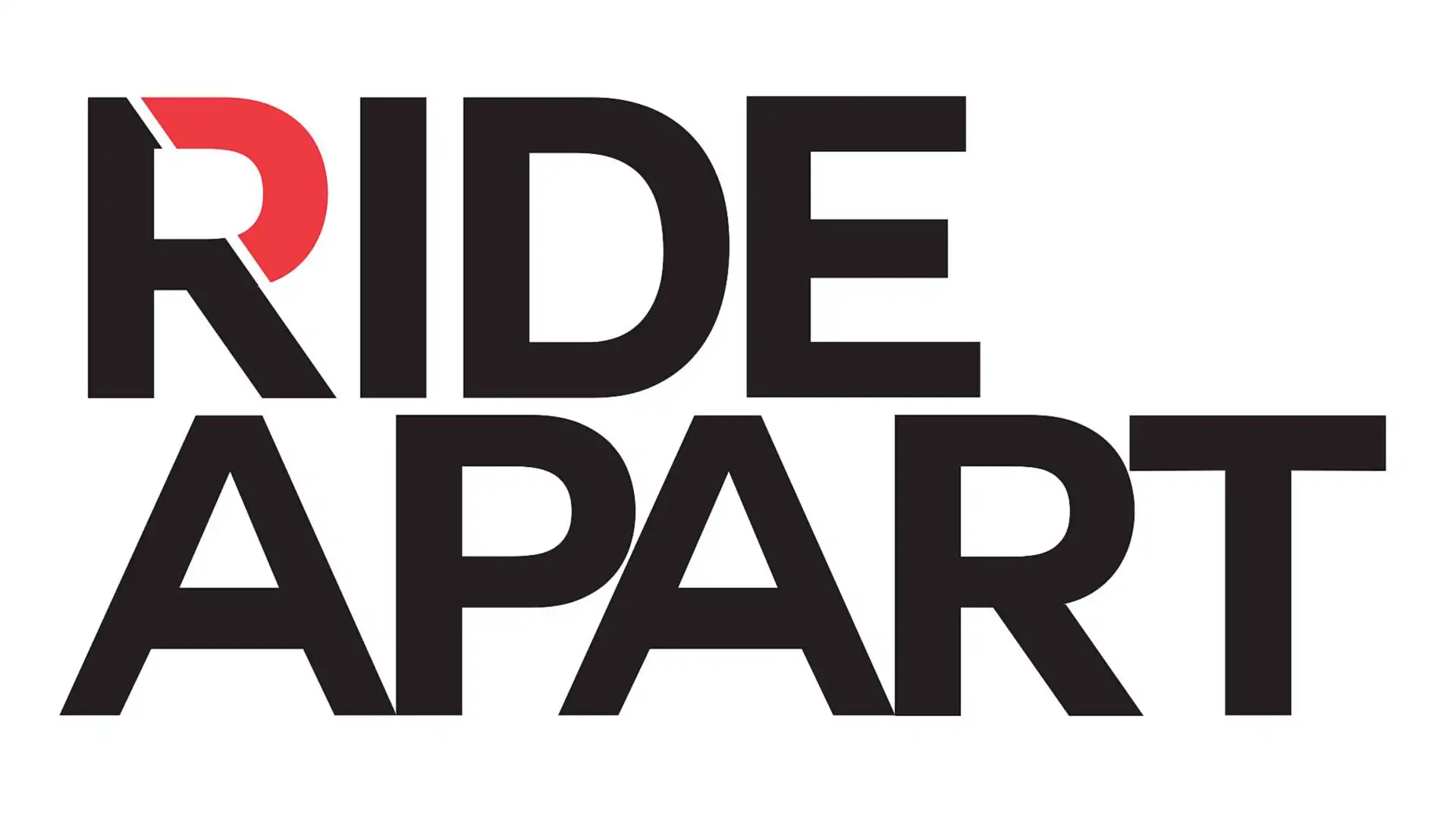 A modern logo with black, bold, uppercase letters on two lines. The first line is "RIDE", with a small, stylized red curved accent on the top curve of the "R". The second line is "APART".