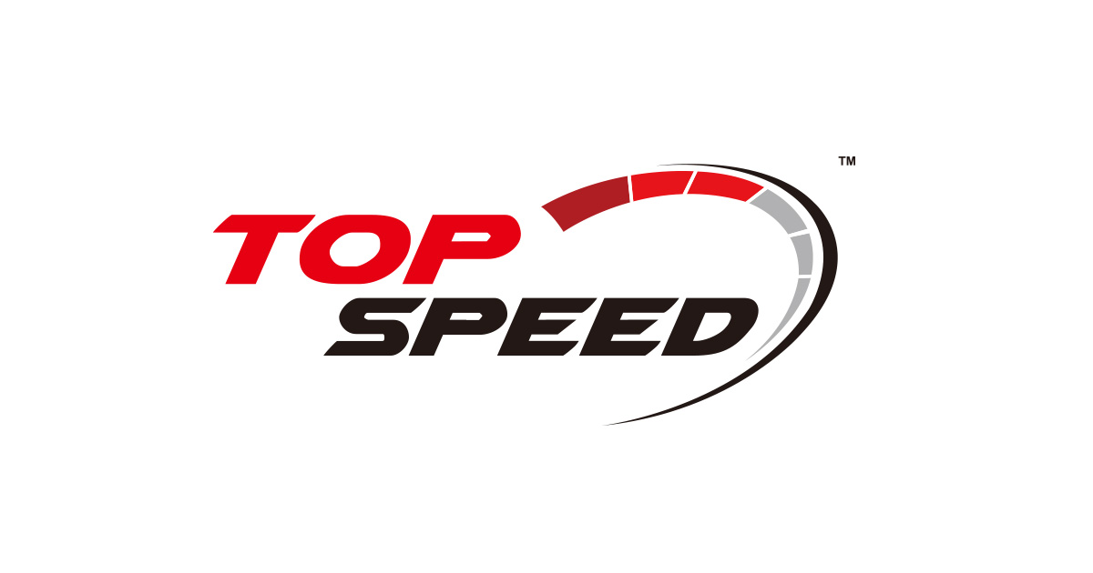 A logo featuring the word "TOP" in bold, italicized red text above "SPEED" in bold, italicized black text, accented by a swooping, stylized speedometer graphic in red, grey, and black curving around the right side.