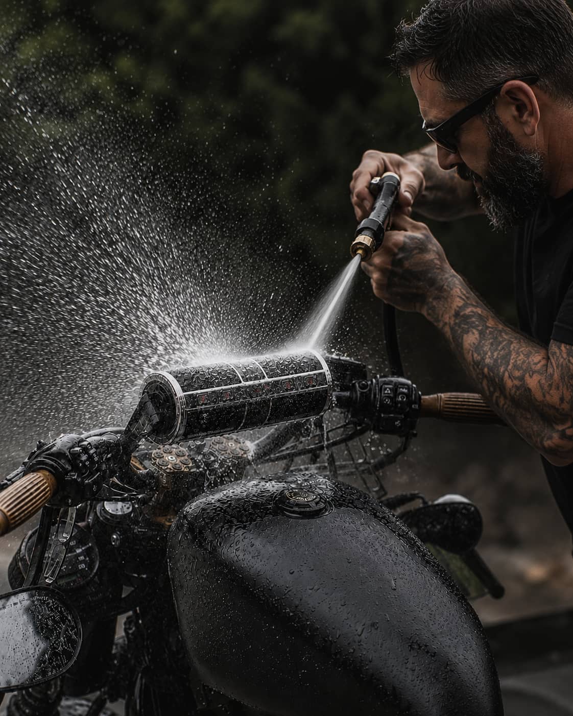 Marine-grade waterproof motorcycle handlebar speaker under high-pressure water wash. Heavy-duty waterproof bluetooth soundbar audio system built for motorcycles, cruiser bikes, and choppers.