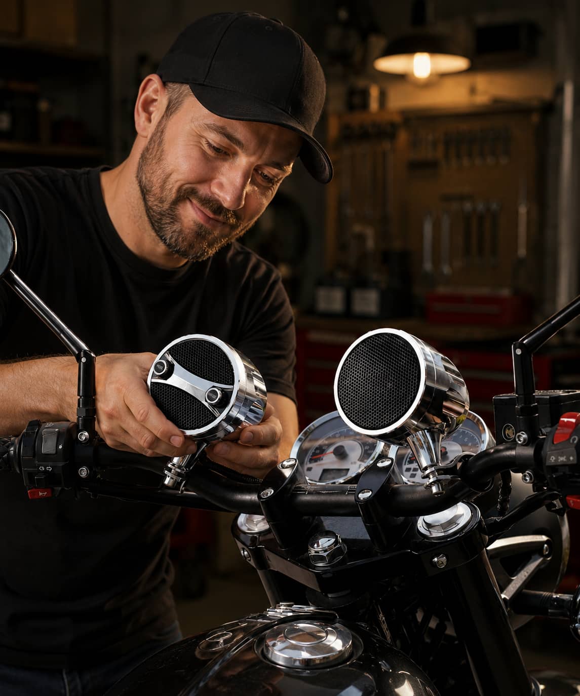 A smiling man effortlessly installing chrome audio speakers onto his motorcycle handlebars in a garage, demonstrating an easy and quick setup process.