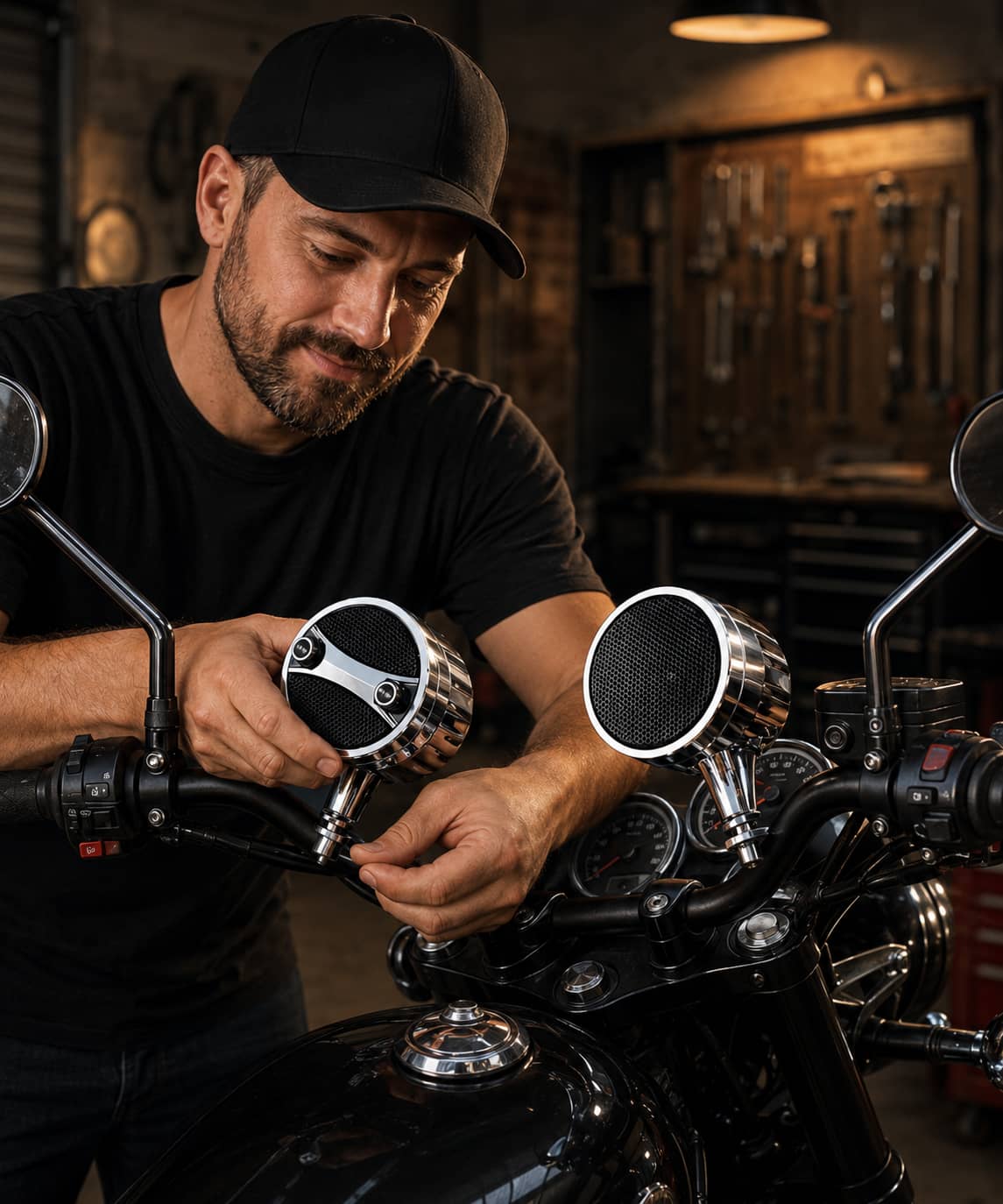 Complete kit for chrome bullet motorcycle handlebar speakers, including all necessary mounting hardware and wiring. This weatherproof audio system is designed to be easy to install and a perfect DIY project for any motorcycle.