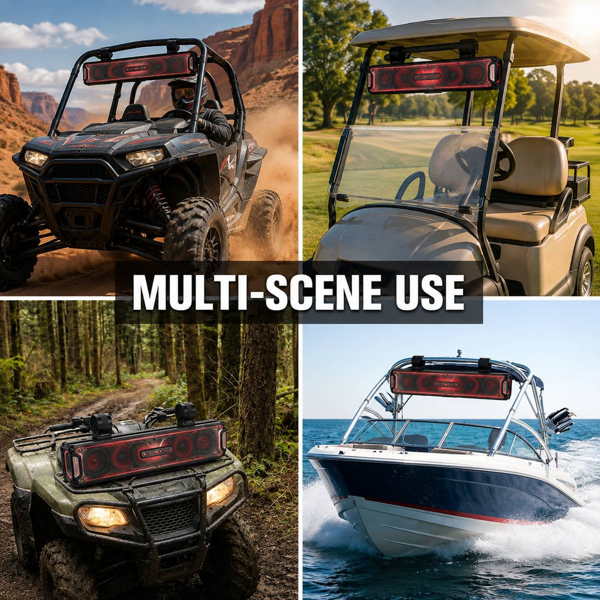 KSPEAKER K66 Plus UTV soundbar shown on off-road, golf cart, ATV, and boat rides