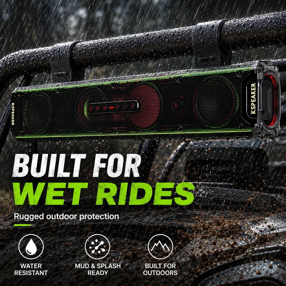 KSPEAKER K66 Plus UTV soundbar mounted on a roll cage during a wet off-road ride
