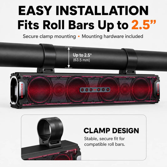 KSPEAKER K66 Plus 25-inch UTV soundbar with mounting clamps for roll bars up to 2.5 inches