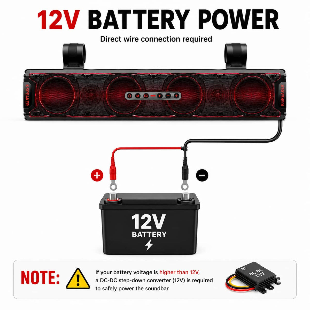 KSPEAKER K66 Plus UTV soundbar 12V battery power connection diagram