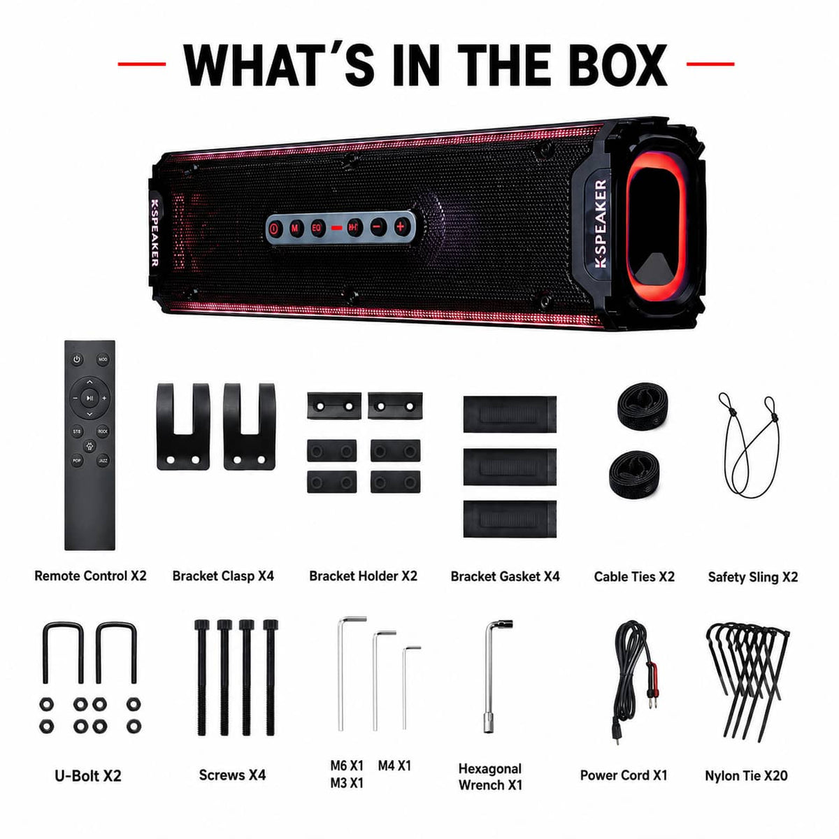 KSPEAKER K66 Plus UTV soundbar package contents with mounting hardware and wiring accessories