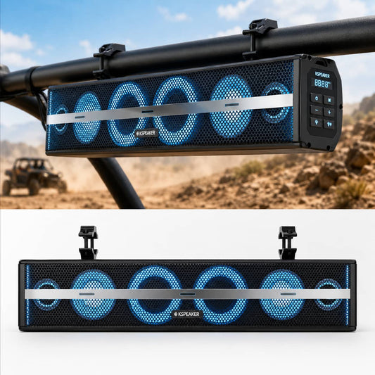 KSPEAKER K100 UTV soundbar with blue LED lights mounted on a roll bar for off-road rides