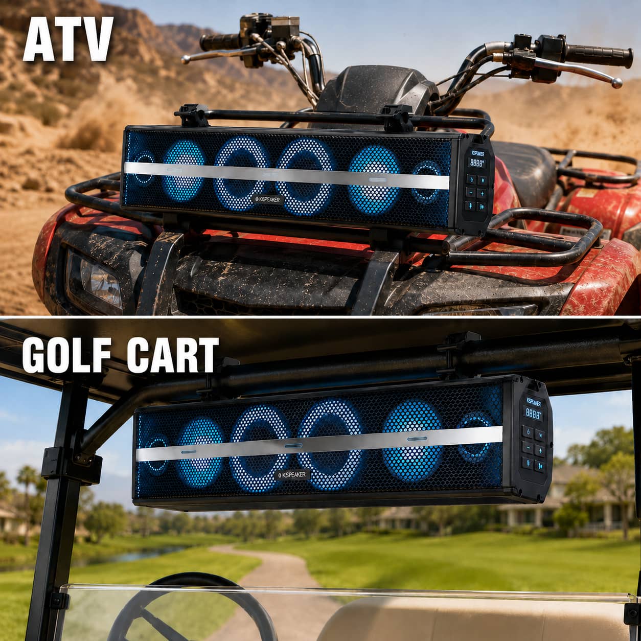 KSPEAKER K100 soundbar mounted on ATV and golf cart for outdoor audio use