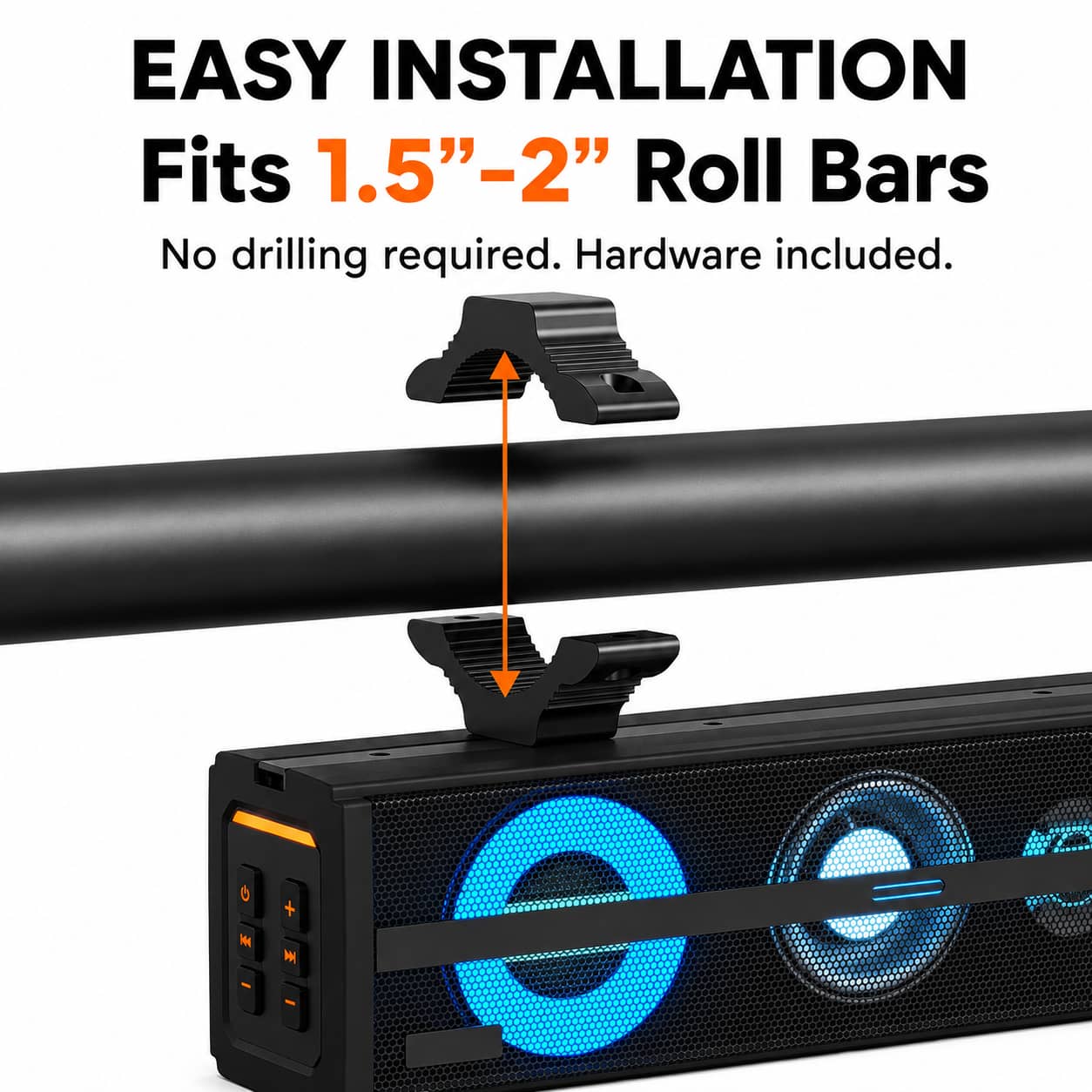 KSPEAKER K100 soundbar installation for 1.5 to 2 inch roll bars with no drilling required