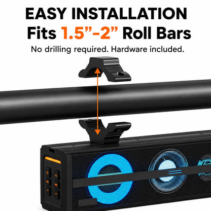 KSPEAKER K100 soundbar installation for 1.5 to 2 inch roll bars with no drilling required