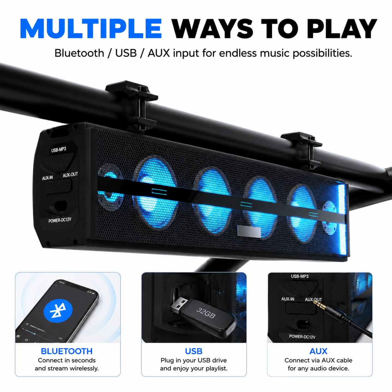 KSPEAKER K100 soundbar with Bluetooth USB and AUX input options for music playback