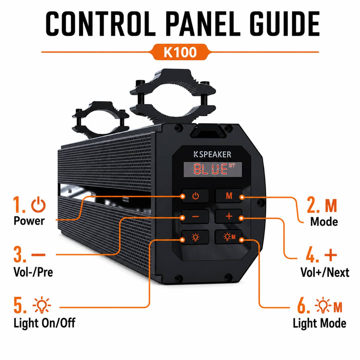 KSPEAKER K100 control panel guide showing power mode volume and light control buttons