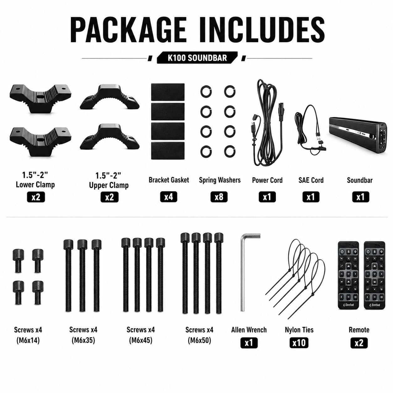 KSPEAKER K100 soundbar package includes clamps power cord remote hardware and accessories