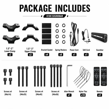 KSPEAKER K100 soundbar package includes clamps power cord remote hardware and accessories
