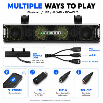 KSPEAKER K66 Plus UTV soundbar Bluetooth, USB, AUX, and RCA connection options